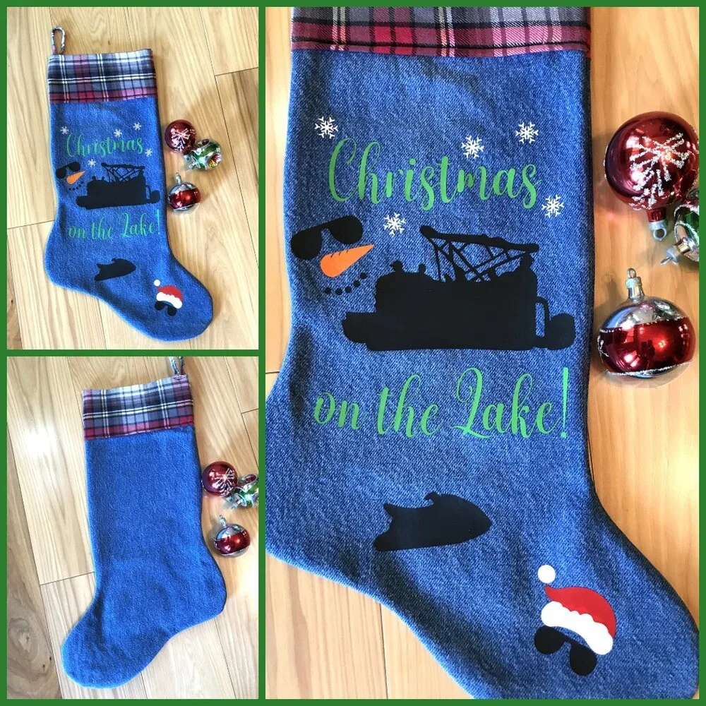 Denim Christmas Stocking, Lake House Fishing Decor Pontoon Boat Jet Ski Graphic